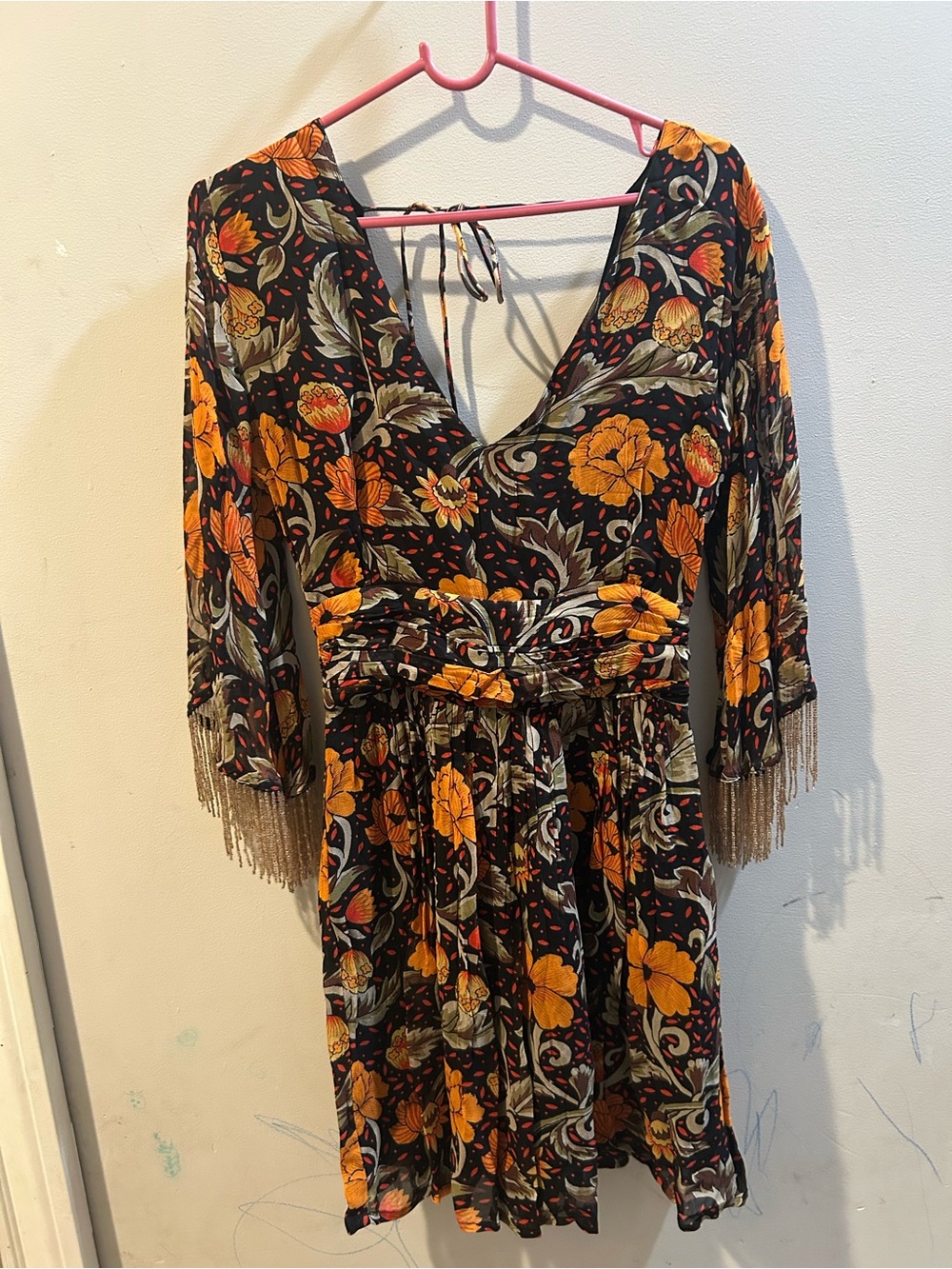 Te Verde Black and Orange Floral V-Neck Tiered Dress